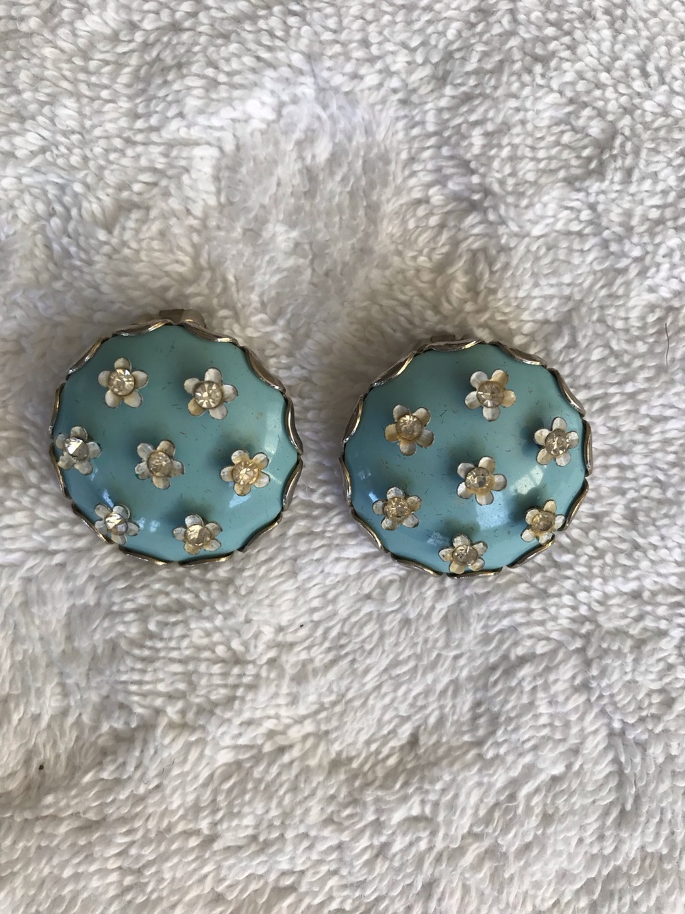 Vintage Floral Aqua Enamel Clip-On Earrings